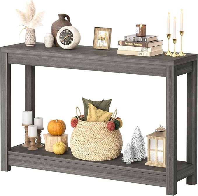 47" Farmhouse Wood Entryway Table Narrow Console Table with Storage Behind Couch Sofa Table with Shelves Entry Way Table with Open Storage, Easy Assembly, Grey Walnut