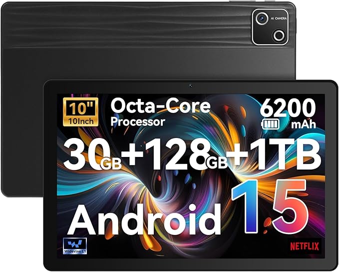 Tablet, 10 inch tablet Android 15 with Octa-core Processor, 30GB+128GB+1TB Expand, 6200mAh, 15W Fast Charge, 1280x800 HD IPS Screen, WiFi 6, BT 5.4, Dual Camera, Widevine L1 support, GMS Certified