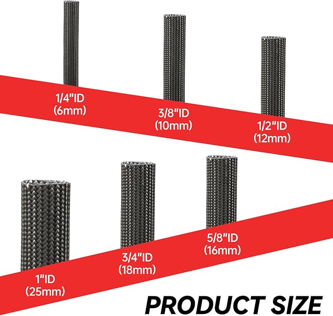 Braided Fiberglass Sleeve, 10ft High Temp Cable Sleeve, Flexible Cable Management Cable Protector for Car Wire Loom Protection (Black, 5/8")