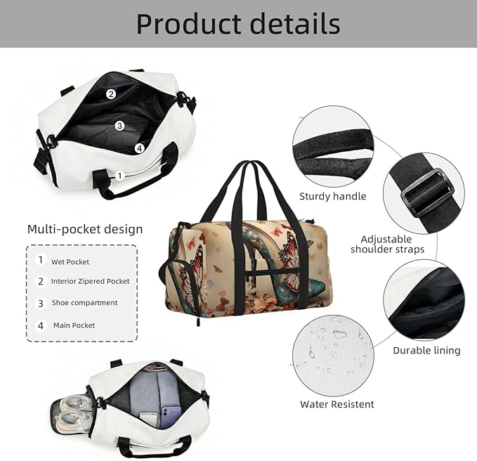Sports Gym Bag Retro Art Butterfly Floral High Heel Travel Duffel Bag With Shoe Compartment Shoulder Strap, Lightweight Water-Resistant Weekend Overnight Totes For Women Men