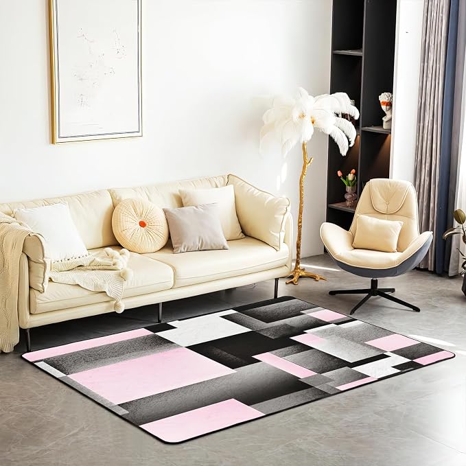 Abstract Pink Black Color Block Area Rug, Non Slip Living Room Rugs, Breathable Durable Carpet for Indoor Bedroom Conference Room Office Decor Rug - 4 ft x 5 ft