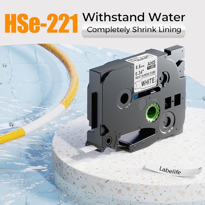 HSe-221 Compatible with Brother Heat Shrink Label HSe221 P Touch Heat Shrink Tubing 8.8mm 0.35'' HSe Wire Cable Labels for Brother PT-E300 E500 P900 P750WVP, 3-Pack, Black on White