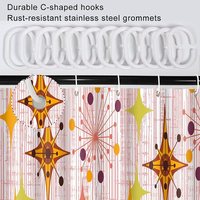Mid Century Shower Curtain, 72x84inch, Modern Abstract Retro Red Striped Geometric Shower Curtain Sets 1950s Boho Bathroom Shower Curtain with 12 Hooks