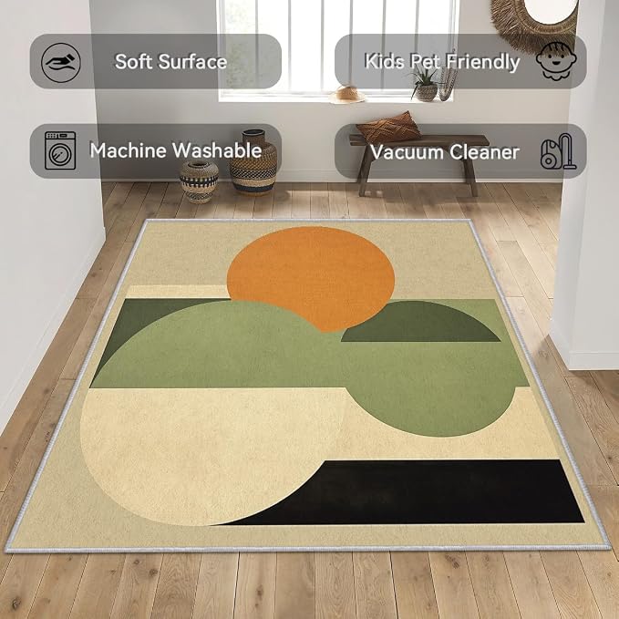 Mid Century Modern Rug 8x12, Washable Abstract Geometric Rugs for Living Room Bedroom, Minimalist Area Rug for Home Decor, Non Slip Backing Floor Carpet - 8 x 12 ft