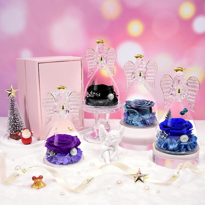 Sunia Preserved Flower Rose Gift for Women - Mother's Day Birthday Gifts for Mom Wife Grandma, Glass Angel Figurines Forever Real Roses Gifts for Her Valentine Day Thanksgiving (Purple)