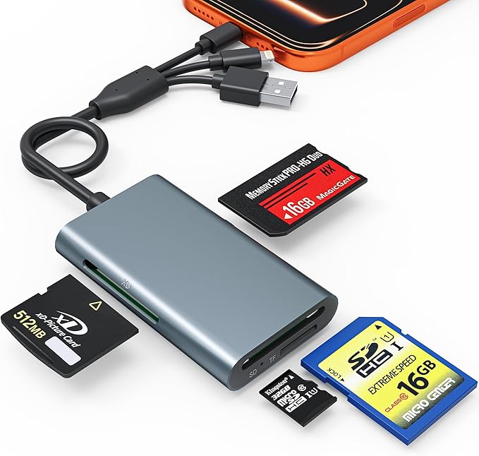 4-in-1 Metal Memory Stick Pro Duo Adapter, Triple Interface Lightning/USB-C/USB-A Card Reader for SD/Micro SD/MS/xD-Picture Card, High-Speed 480Mbps Photo Video File Transfer for iPhone iPad PC