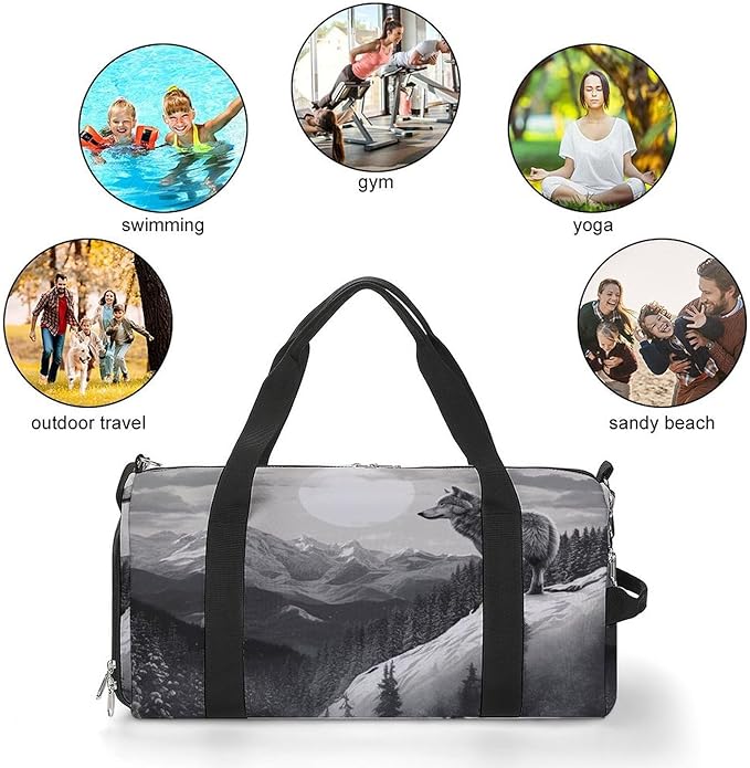 Snow Mountain Lone Wolf Gym Bag Lightweight ，Travel Duffle Bag with Shoe Compartment，Gym Bag for Women for Overnight, Weekend, Yoga, Gym, Business Trips, Sport And Hospital.