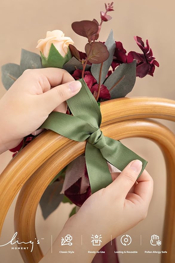 Ling's moment 8 Wedding Artificial Aisle Pew Flowers Chair Decorations Arrangements with Chiffon Ribbons Bordeaux Red for Ceremony Reception Chair Back Floral Decor Reception Church Party Outdoor
