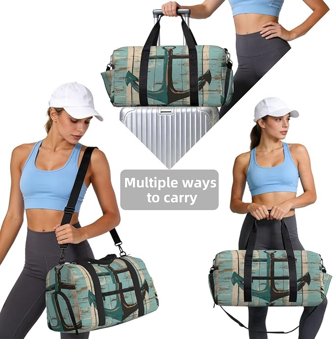 Sports Gym Bag Teal Green Wooden Board Anchor Travel Duffel Bag With Shoe Compartment Shoulder Strap, Lightweight Water-Resistant Weekend Overnight Totes For Women Men
