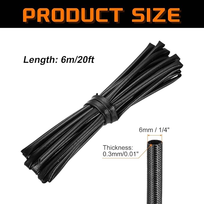 MECCANIXITY 20ft Braided Cable Sleeve, 1/4" ID 200C High Temperature 1500V Fiberglass Wire Insulation Cord Protector Organizer Wires Management for Motor Engine Fuel Line, Black