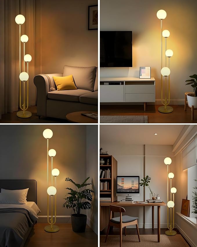 63IN 4-Light Dimmable Floor Lamp, Unique Gold Tall Standing Lamps with 3000K Bulbs for Reading, Mid Century Modern Floor Lamp with 5Lbs Heavy Base for Living Room Bedroom Home Office