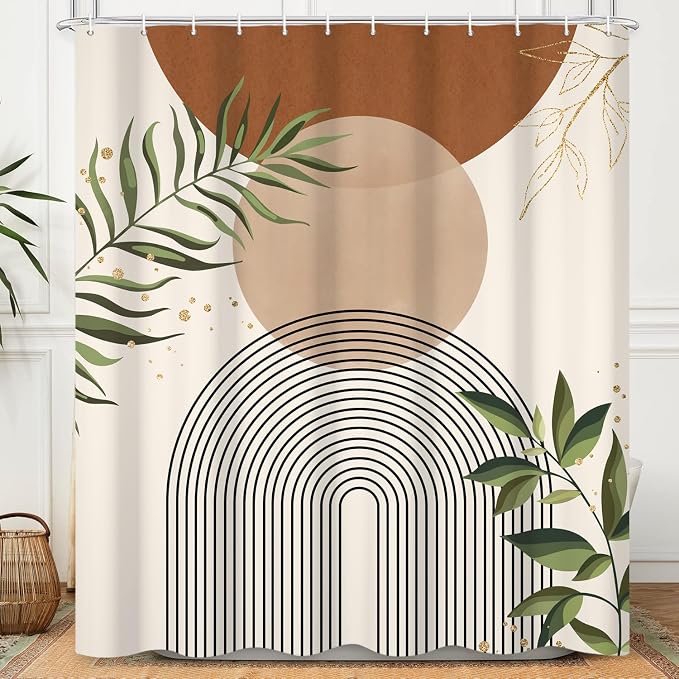 Boho Mid Century Shower Curtain, Brown Modern Minimalist Abstract Geometric Green Gold Plant Leaves Bathroom Curtains Waterproof Fabric Buthtub Curtain Set with Hooks 36" Wx72“ L
