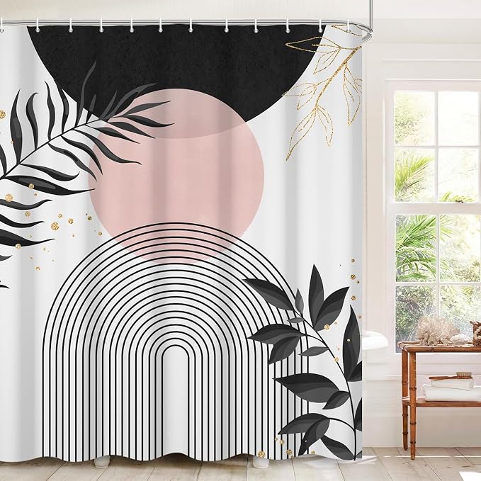Boho Mid Century Shower Curtain, Black Pink Modern Minimalist Abstract Geometric Gold Plant Leaves Sun Arch Bathroom Curtains Waterproof Fabric Buthtub Curtain Set with Hooks 72" Wx84 L