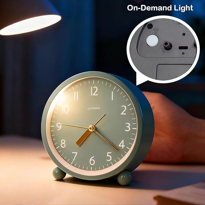 AOKILOM Analog Alarm Clock, Non-Ticking Silent Travel Small Clock, Battery Operated with On-Demand Light, Easy Set Gentle Wake, Ideal Decor for Bedroom, Bedside, Desk,Office (Mint Green)