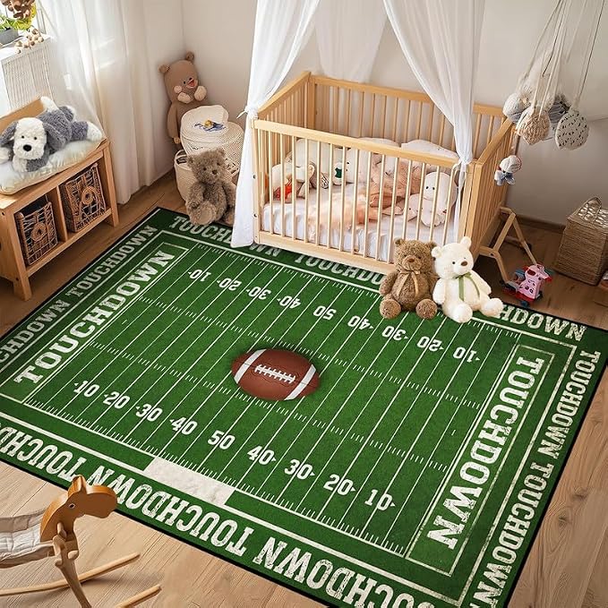 4'x6' Football Field Area Rug Sports Themed Carpet for Nursery Bedroom Playroom Classroom Living Room Home Decor Non Slip Washable Game Room Play Mat
