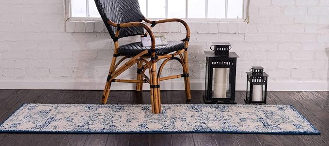 Unique Loom Bromley Collection Area Rug - Wells (2' x 8' 8" Runner, Ivory and Blue/ Ivory)