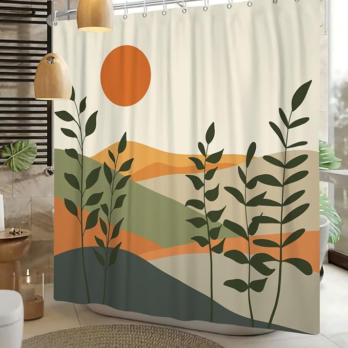 Boho Mid Century Shower Curtain for Bathroom Modern Abstract Sun Botanical Leaves Bath Curtain Neutral Minimalist Plant Waterproof Fabric Bathroom Decor Set with Hooks 60x72 inch