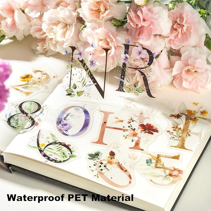 Miyouluna 216PCS Floral Alphabet & Number Stickers Set, Waterproof Letter PET Stickers for Scrapbooking, Journaling, DIY Crafts, Card Making