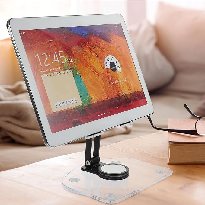 CONGARTENO Adjustable Acrylic Tablet Stand and Desktop Phone Holder for Desk Use, 360° Rotatable Foldable Dark Phone and Laptop Mount Compatible with iPad and Smartphones