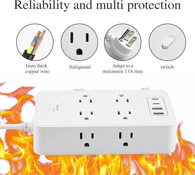 10FT Power Strip Extension Cord Surge Protector with 8 Outlets and 2 USB & 2 USB-C Port(5V 3.1A),Bold Extension Cord with Fuse Surge Protected Power Strip for Home Office (White)