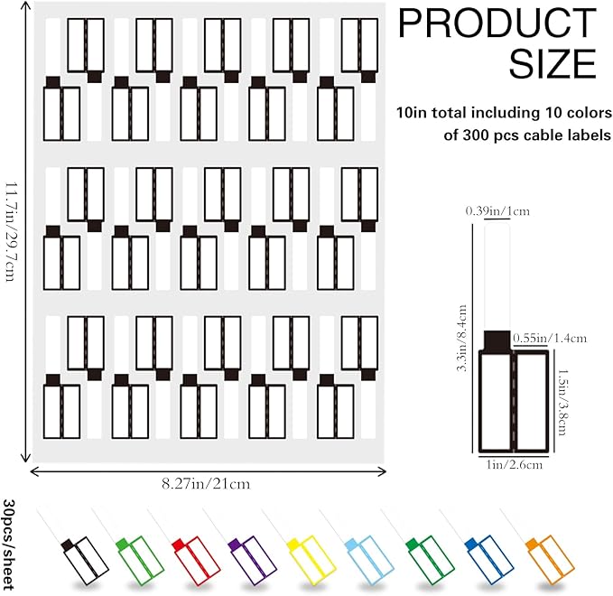 300 PCS Waterproof Cable Tags, 10 Colors Wire Labels for Management, Color Border Cord Labels Can Write On, Self Adhesive