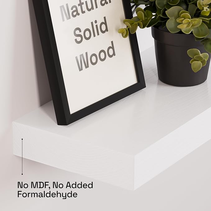 BAOBAB WORKSHOP Solid Wood Floating Shelves for Wall 36 Inches Long, Heavy Duty Wall Shelf for Bedroom 36 Inch Large, Real Wooden Bathroom Shelf Kitchen Rustic, White Finish, 36W × 6.7D, Set of 2