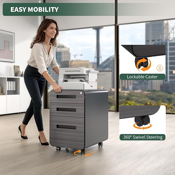 3 Drawer Mobile File Cabinet with Lock,Rolling Under Desk Storage Organizer,Fits A4/Letter/Legal Files, Metal Frame with Wheels for Home & Office