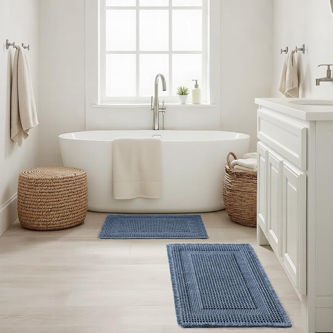 MIULEE Set of 2 Waffle Bathroom Rugs, Boho Bath Rug Super Absorbent, Non Slip Washable Ultra Soft Rubber Backed Shower Bath Mats for Floor, Tub, Shower, Looped Design, Blue, 17"x24"+18"x30"