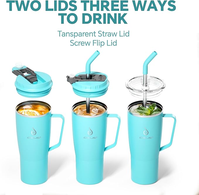Ideus 32 oz Tumbler with Handle and Straw, Vacuum Insulated Stainless Steel Travel Mug, 100% Leakproof, Cup Holder Friendly, Sky Blue