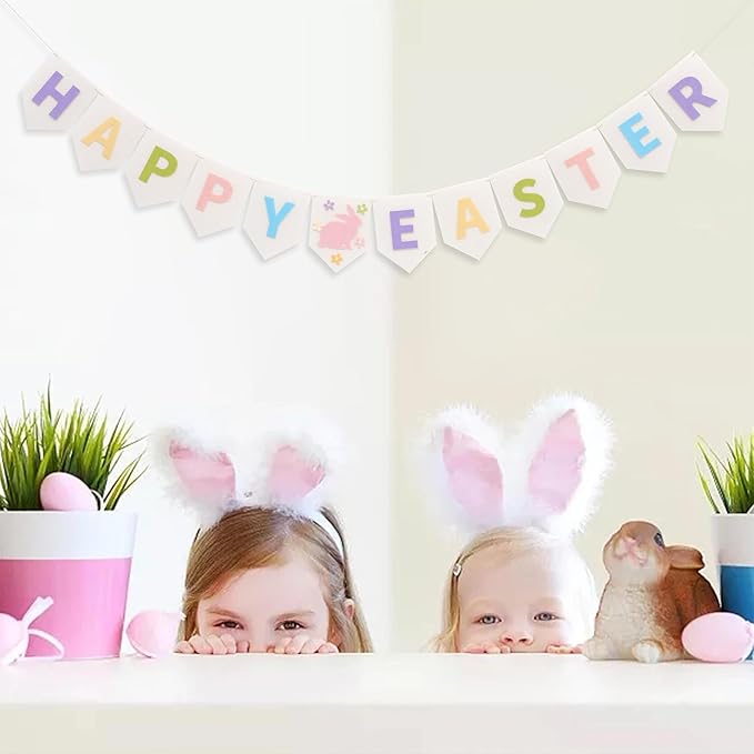 Felt Happy Easter Banner - Pastel Happy Easter Garland, Easter Bunny Bunting, Easter Decoration for Mantel, Wall