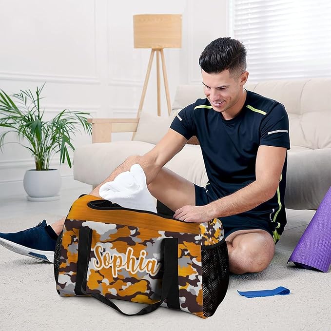Waterproof Gym Bags Custom Orange Yellow Brown Camouflage Camo Duffel Bag with Name Adjustable Shoulder Strap Travel Bag for Teens Training Bag