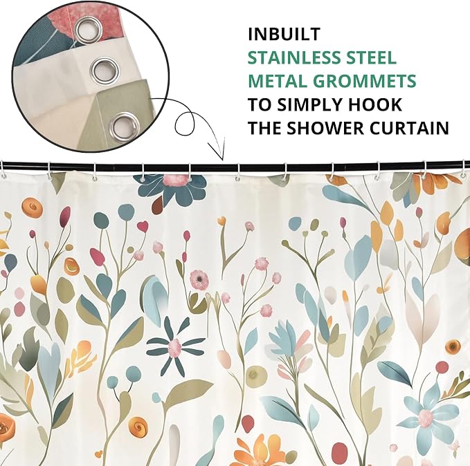 Colorful Floral Extra Long Shower Curtain, Wildflower Plant Leaves Cute Flower Spring Herbs Waterproof Fabric Machine Washable for Bathroom Bathtub Decor with Hooks 72Wx78H