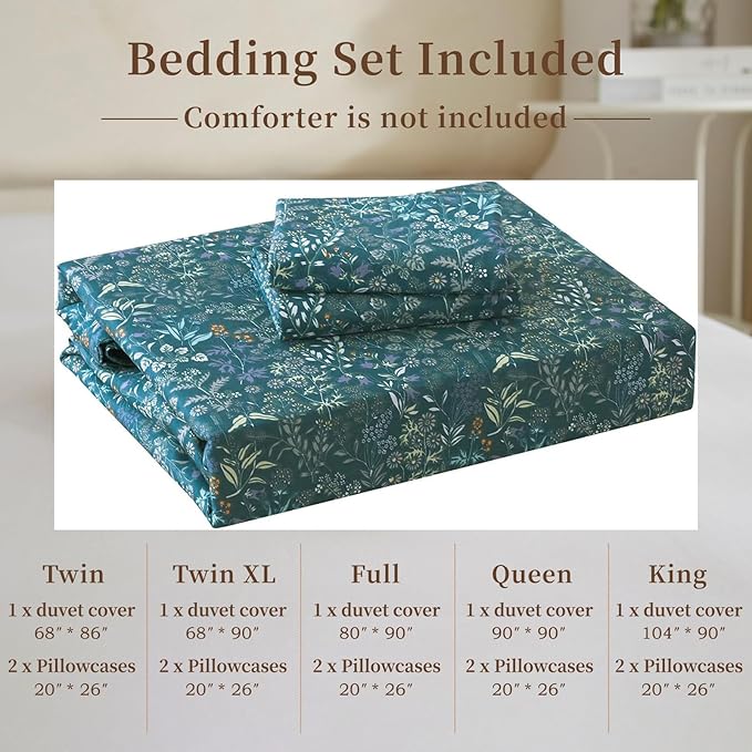EAVD Botanical Floral Duvet Cover King Soft 100% Cotton Floral Blue Duvet Cover Set Chic Shabby Floral Bedding Set Garden Style Blue Floral Comforter Cover with Zipper Closure 4 Ties