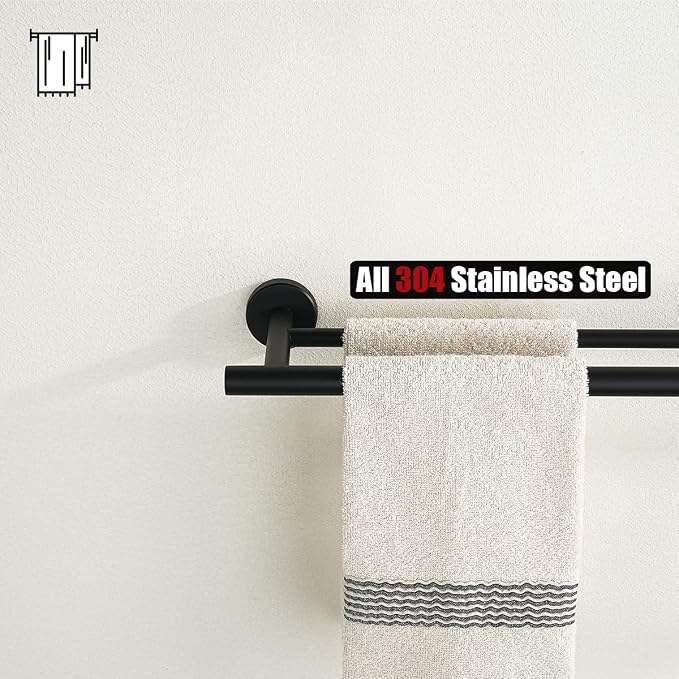 JQK Black Double Towel Bar, 19 Inch 304 Stainless Steel Thicken 0.8mm Towel Rack Bathroom, Towel Holder Matte Black Wall Mount, Useable Length 16 Inch, TB100L16-PB