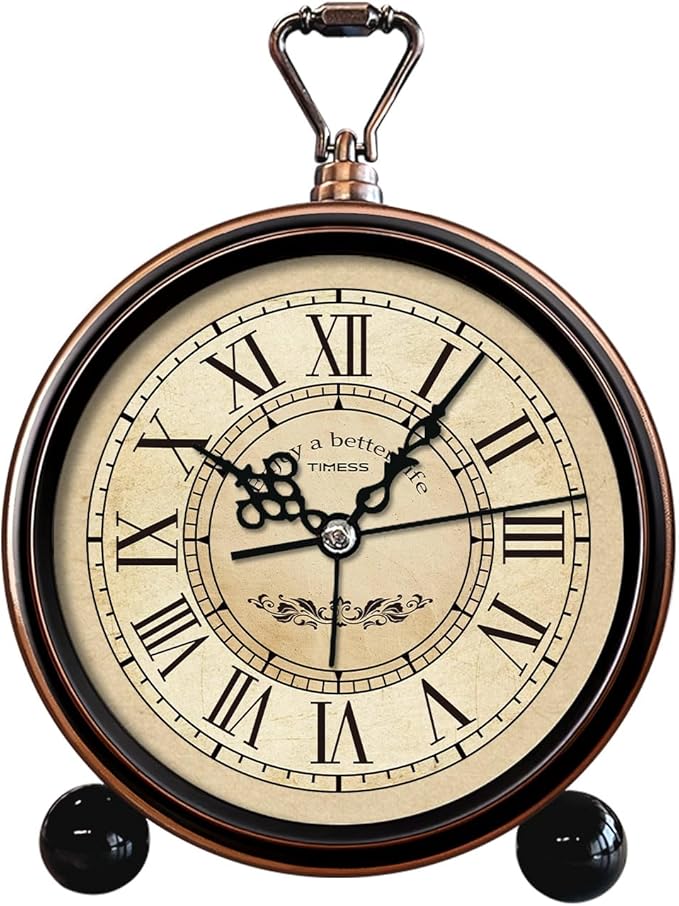 TIMESS Vintage Analog Alarm Clock, 4.3" Silent Non-Ticking Quartz Desk Clock with Roman Numerals, Battery Operated Table Clock for Bedroom, Living Room, Office, or Gift (White)
