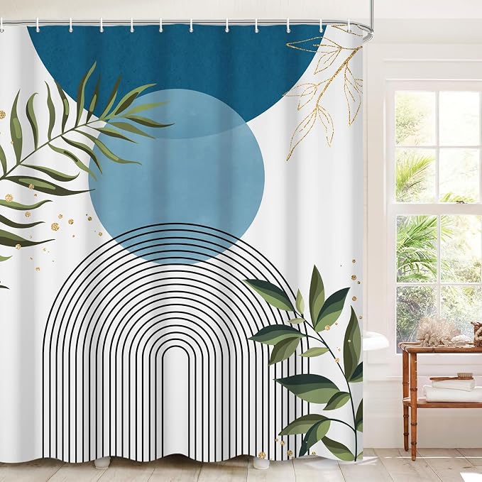 Boho Mid Century Shower Curtain, Light Blue Modern Minimalist Abstract Geometric Gold Plant Leaves Sun Arch Bathroom Curtains Waterproof Fabric Buthtub Curtain Set with Hooks 36" Wx72 L
