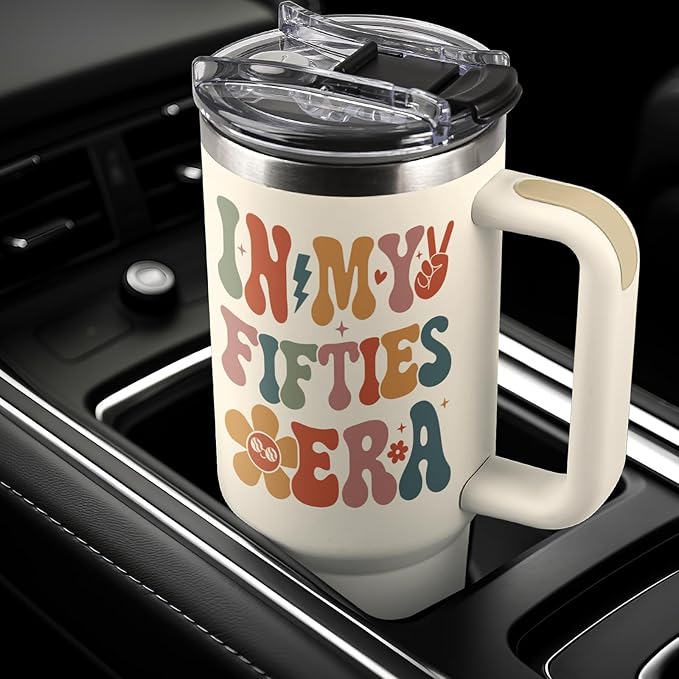 Shqiueos 50th Birthday Gifts for Her 40oz Tumbler with Handle and Straw Lid, 50 Year Old Gifts for Women, Mom, Wife, Sister, Friend, 50s Birthday Decoration-In My Fifties Era Cup Water Bottle