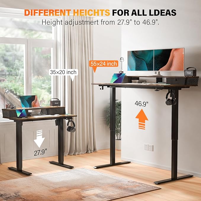 Electric Standing Desk with 2 Drawers 55''x 24'' Adjustable Height Sit to Stand Up Desk with Storage Shelf, C-Clamp Mount Compatible Home Office Desks Computer Gaming Table Ergonomic Workstation