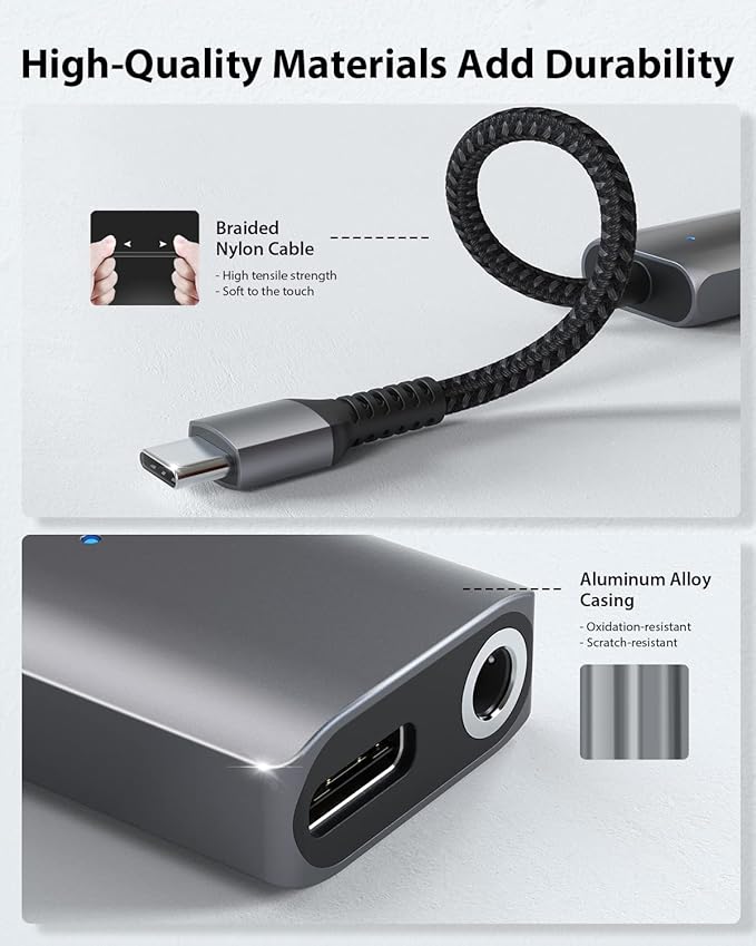 Stouchi 2-in-1 USB C to 3.5mm Headphone Charge Adapter AUX Mic Jack with PD Fast Charging High Resolution DAC for Earphones iPhone 17 16 15, Galaxy S25 /24/S24+/S23/S22/S21, iPad Pro, Pixel 9/8/7