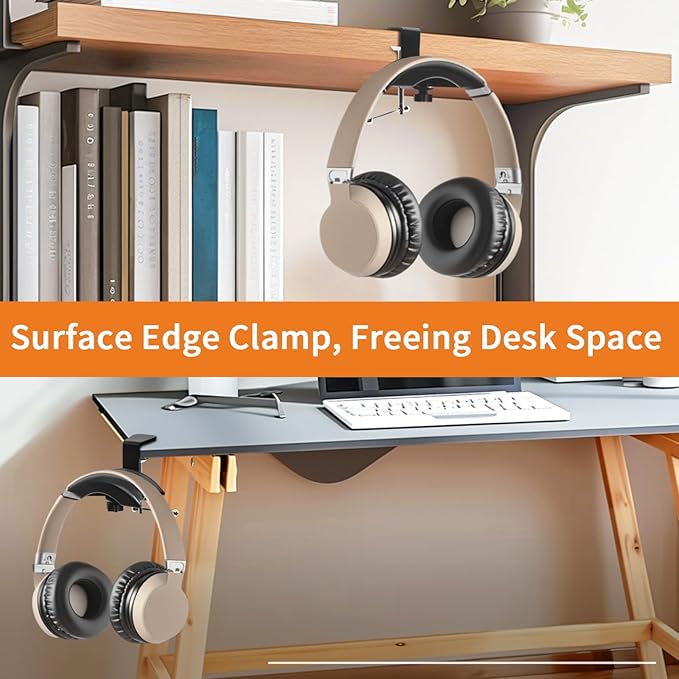 Singzhu Heavy-Duty Metal Headphone Stand Hanger for Large Gaming Headsets - Saddle-Shaped Holder & Desk Clamp (Fits 2in Thick Surfaces) - Durable Steel, Space-Saving Design