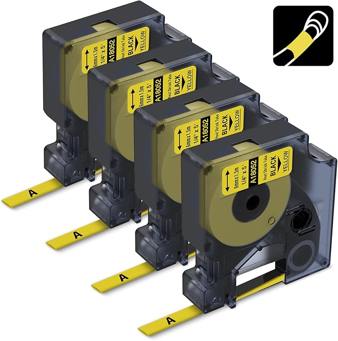 Rhino 6mm Yellow Heat Shrink Replace for DYMO 18052 A18052 Heat Shrink Tube Compatible with DYMO Industrial Rhino 4200, 5200, 5000, 6000, 6000+ Label Maker, 1/4, Black on Yellow, 4-Pack