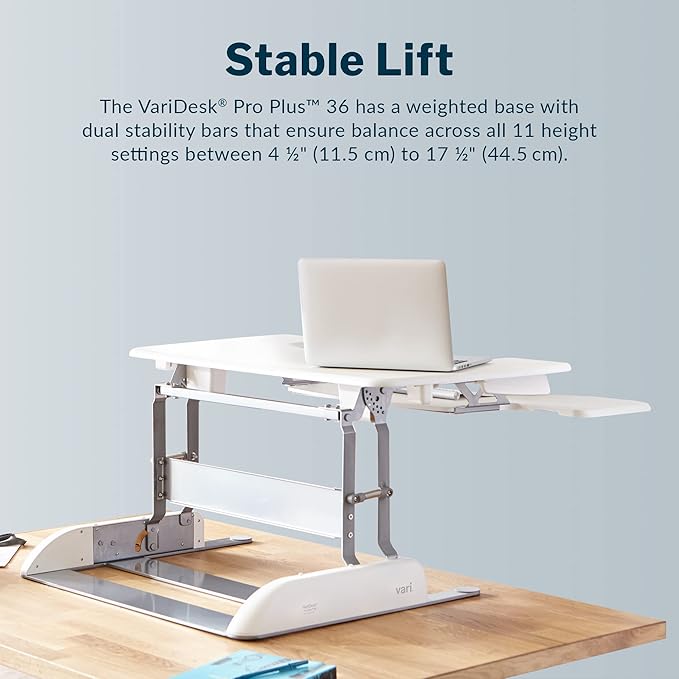 Vari Varidesk Pro Plus 36 Standing Desk Converter – 11 Height Settings + Spring Lift, 2 Tier Design, Keyboard Tray, Fits Desktops 36” Wide x 26.5" Deep – Delivers Fully Assembled (White)