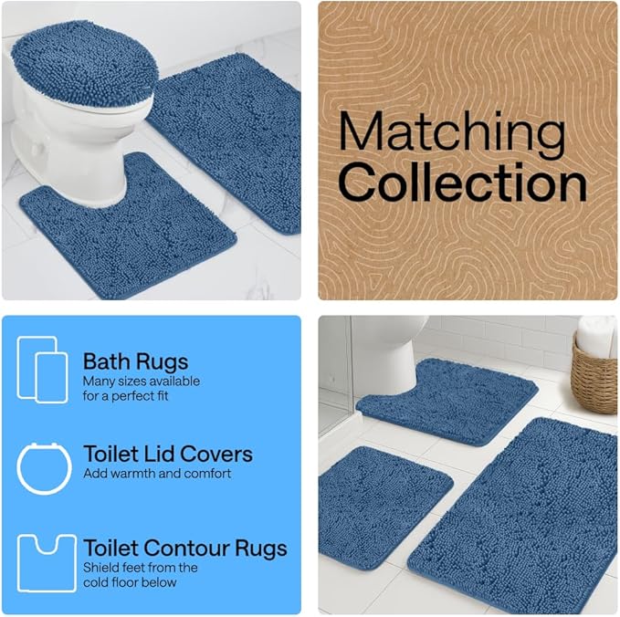 GORILLA GRIP Bath Rug Mat 48x17, Thick Soft Absorbent Chenille, Quick Dry Microfiber Mats, Rubber Backing Washable Shower Floor Rugs, Bathmat Runner, US Designed Bathroom Home Decor Accessories Blue