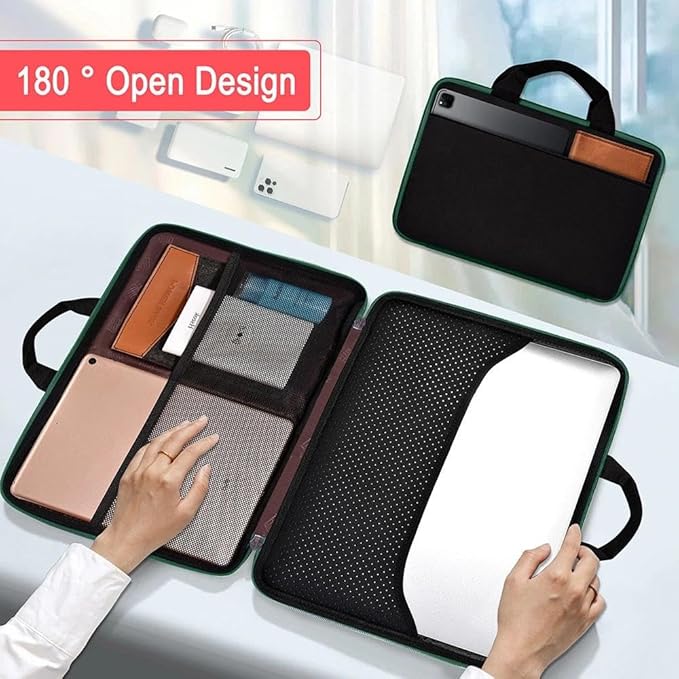 Hseok Laptop Case 13.3-14 inch Briefcase Handbag, Water-Resistant and Shockproof Computer Sleeve Compatible with MacBook Pro 14", Mac Air/Pro 13.3" and 13"-14" Notebooks Chromebooks,Black-Green