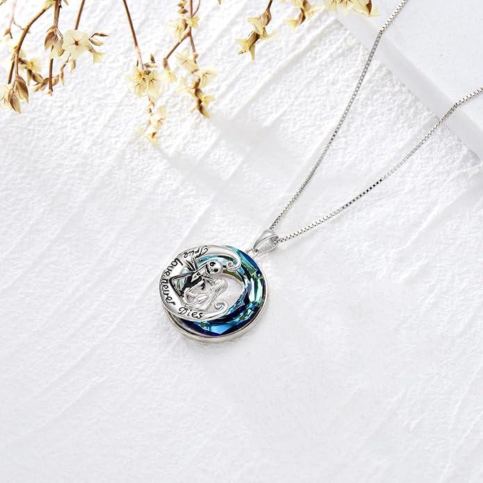 LILALO Christmas Gifts Nightmare Necklace Sterling Silver Abalone Shell Crystal Jack and Sally Necklace Jack Skellington Skull Jewelry Skull Necklaces for Women