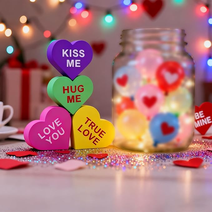 Valentines Day Wooden Heart Table Decor, 6PCS Double-Sided Conversation Heart Signs for Tiered Tray, Rustic Farmhouse Freestanding Wood Blocks, Valentine's Day Wedding Party Decorations and Gifts