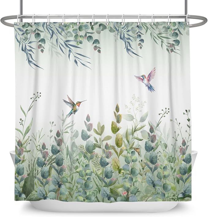 Green Leaf Shower Curtain Colourful Bird Eucalyptus Bathroom Curtain Plant Leaves Botanical Hummingbird Spring Summer Shower Curtain Sets for Bathroom Extra Long 60x72 in with 10 Hooks