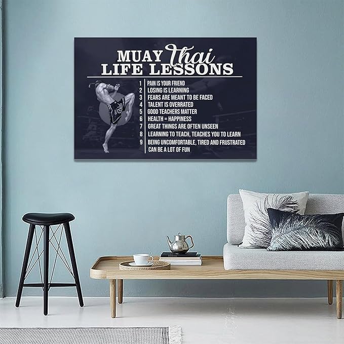 Muay Thai Wall Art Muay Thai Pictures Wall Decor Life Lessons Canvas Prints Boxing Decorations Painting Framed Artwork Office Home Decor For Bathroom Bedroom Dining Living Room 24"x16"