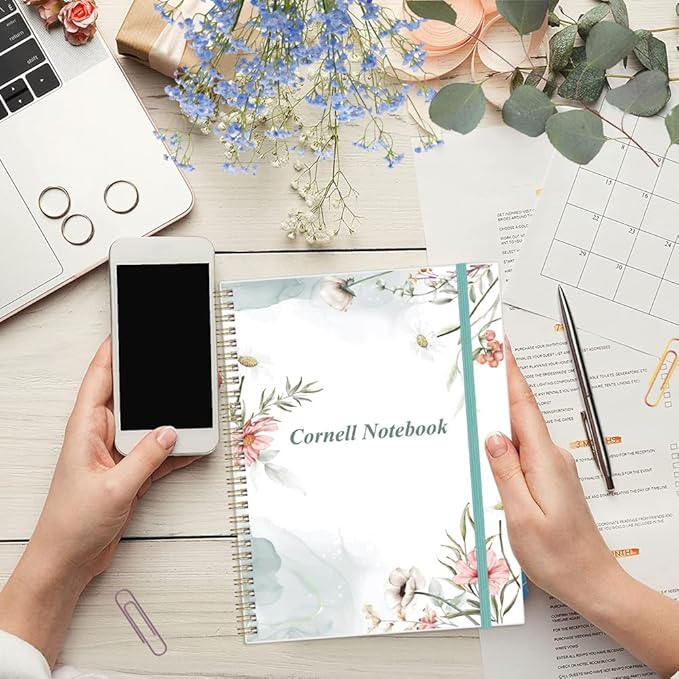Yaridar A4 Cornell Notes Notebook - 8.5" x 11" College Spiral Cornell Notebooks for Note Taking, Subject College Ruled Steno Pads for Office School/Home, Pink Flower