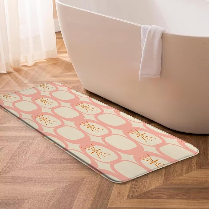Mid Century Modern Bath Mat Abstract Atomic Geometric Retro 1950s Pink Bathroom Kitchen Toilet Rugs,24x48 Inch